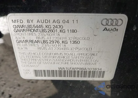 2011 Audi Q5 2.0T Premium from USA, damaged, VIN WA1LFAFP8BA101834